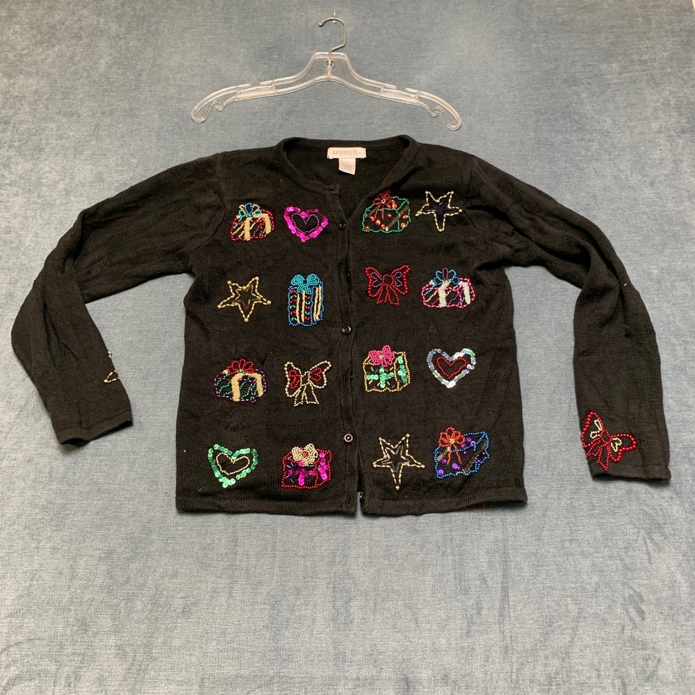 Arriviste Cardigan Sweater Womens Small Black Beaded Gift Heart Star Bow Floral